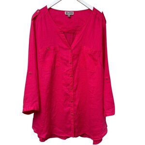 JM Collection 100%  Linen Top Plus Size 22W Pink Tunic Blouse Button Front